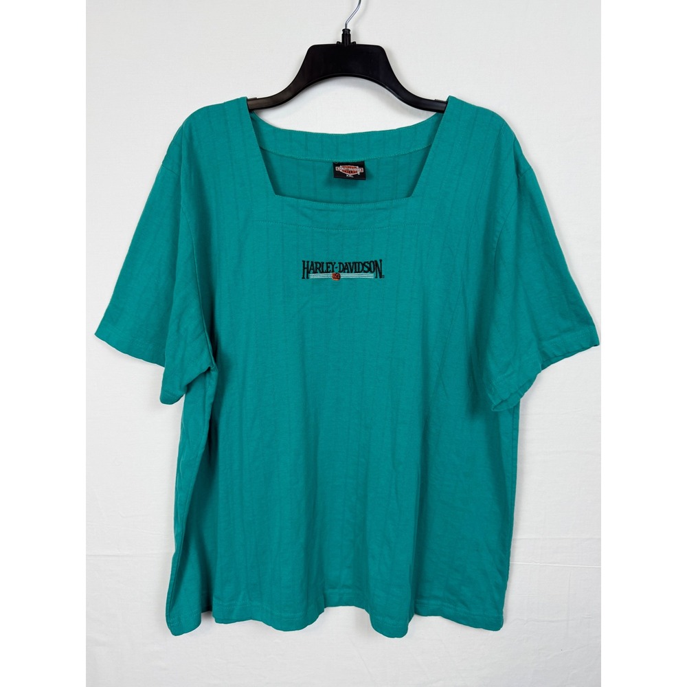 Harley-Davidson Women Cotton Blend Top XXL Teal Square Neck Ribbed Embroidered